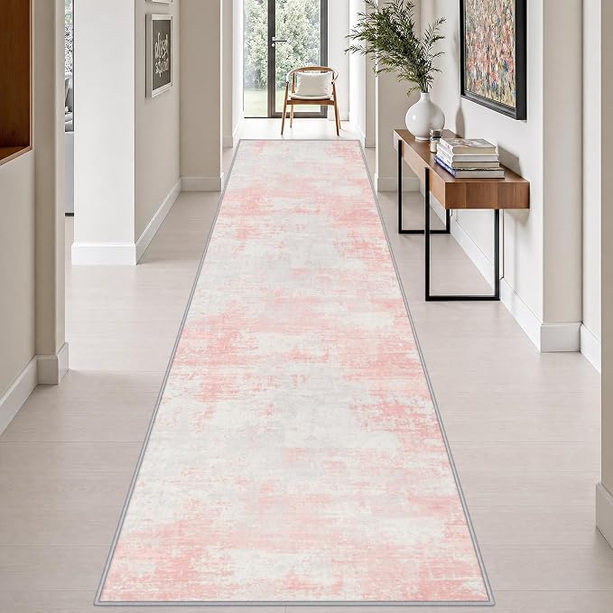 3x14 Washable Runner Rug：Modern Abstract Soft Carpet Pink White | For Hallway, Bedroom, Kitchen, Laundry, Bathroom,Door Mat,Modern Abstract,Machine washable,Non-Slip,Stain Resistant,Indoor