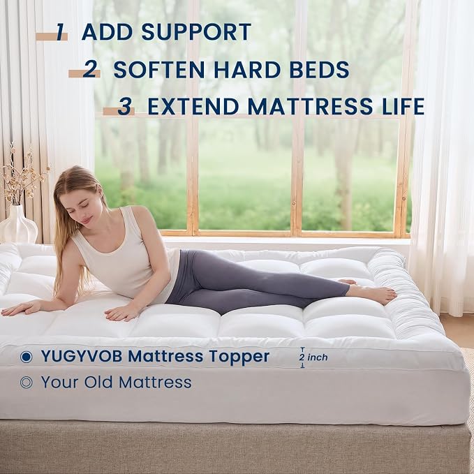 YUGYVOB California King Mattress Topper Thick, Cooling Plush Mattress Pad | Soft & Breathable Brushed Cover, Down Alternative Fill, Pillow Top Bed Topper with 8-21" Deep Pocket