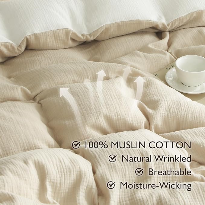 EMME Cotton Muslin Duvet Cover Set King Size Linen Like Soft Breathable Lightweight Summer Comforter Cover Set with Zipper Closure (Light Tan&White, King, 104"x90")