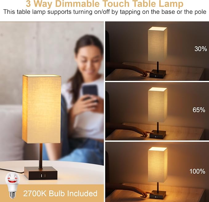 Touch Bedside Table Lamp for Bedroom, 14-Inch, Beige, Set of 2 | USB A+C Ports, Touch 3-Way Dimmable LED Bulb Included Fabric Lampshade Metal Base Small Nightstand Lamp for Desk Living Room