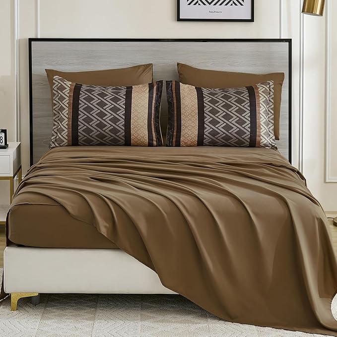Cottolester Brown Comforter Set Queen Size,Fall Striped Bed in a Bag | Boho Plaid Comforter Set,7 Piece Soft Microfiber Bedding Sets