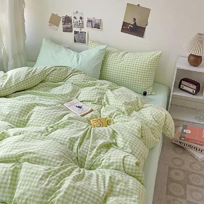 LifeTB Green Gingham Comforter Set Full Modern Style Green Grid Bed Comforter 3 Pieces Vintage Plaid Checkered Comforter with 2 Pillowcases Breathable Farmhouse Gingham Bedding Comforter Set