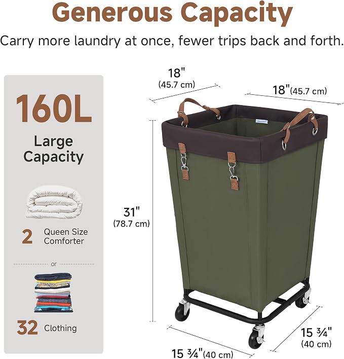 StorageWorks 160L Laundry Basket with Wheels, Rolling Hampers for Clothing | Green Laundry Basket with Wheels, Metal Frame & Handles, Rolling Hamper for Bedroom, Bathroom, Dorm, Hotel