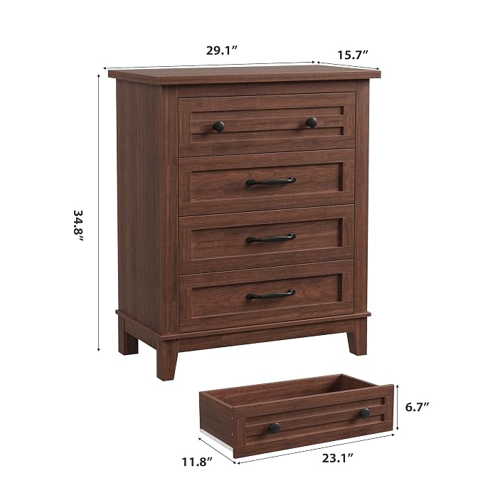 GarveeHome 4 Dresser for Bedroom, 34.8 in Tall Vertical Drawer Dresser with Large Storage, Freestanding Wooden Closet Chest for Bedroom, Living Room, Walunt