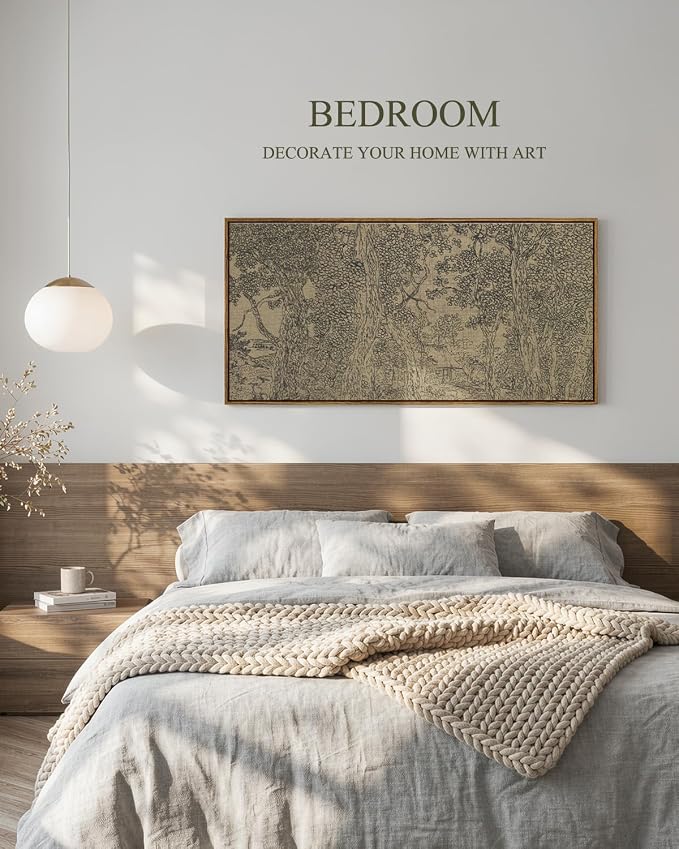 InSimSea Extra Large Framed Vintage Wall Art, Rustic Forest Sketch, 20x40In | Living Room Country Farmhouse Decor, Landscape Canvas Prints, Retro Trees Long Picture for Bedroom Above of Bed