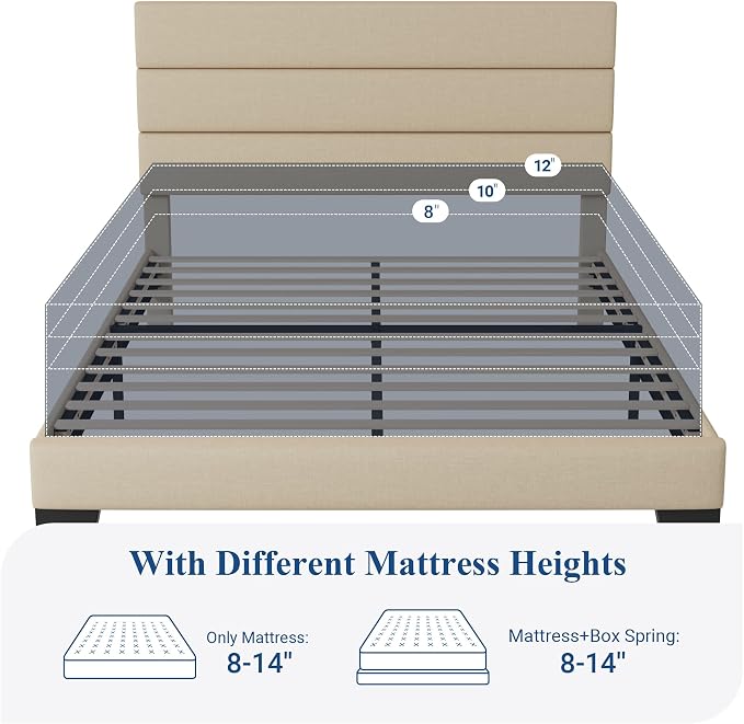 Allewie Full Size Platform Bed Frame with Fabric Upholstered Headboard | Wooden Slats Support, Fully Upholstered Mattress Foundation, No Box Spring Needed, Easy Assembly, Noise-Free, Beige
