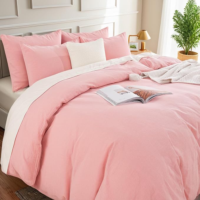 NEXHOME PRO Duvet Cover Full 100% Washed Cotton, Organic Natural Linen Like Textured, Breathable, Durable, Home Bedding Set, Heathered Pink 8090