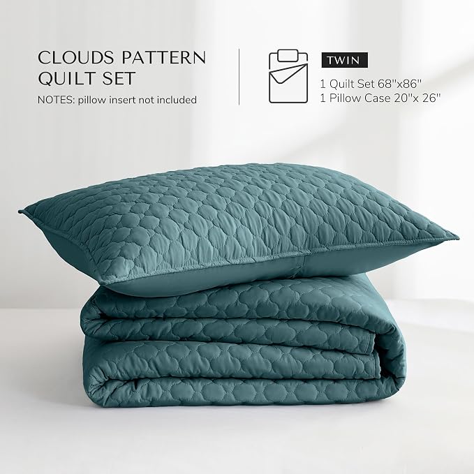HORIMOTE HOME Quilt Twin Size Teal Blue, Lightweight Quilt for Summer Ultra-Soft Microfiber Modern Style Quilted Clouds Pattern Bedspread Quit Set 2 Pieces (1 Quilt and 1 Pillow Sham)