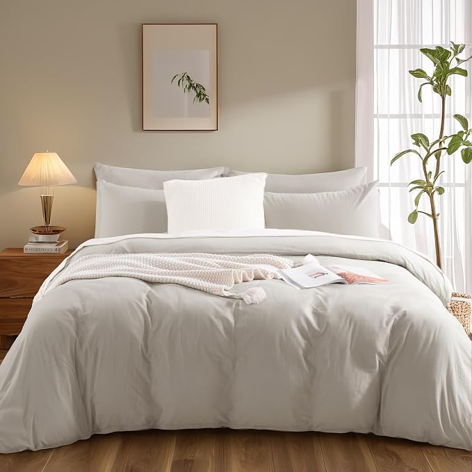 NEXHOME PRO Duvet Cover Queen Size, 100% Washed Cotton Orgnic Linen Like Textured Breathable Durable Comfy, Cream Grey
