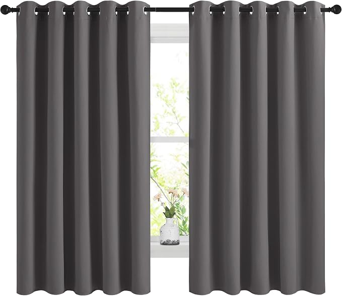 NICETOWN Gray Blackout Curtains for Bedroom 66" Wide x 60" Long 2 Panels | 3 Pass Microfiber Noise Reducing Thermal Insulated Solid Ring Top Window Drapes, Light Blocking Room Darkening Home Decor