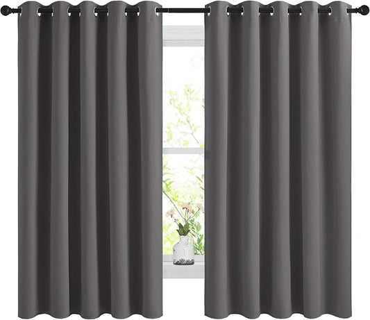 NICETOWN Gray Blackout Curtains for Bedroom 66" Wide x 60" Long 2 Panels | 3 Pass Microfiber Noise Reducing Thermal Insulated Solid Ring Top Window Drapes, Light Blocking Room Darkening Home Decor