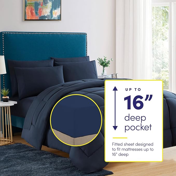 Sweet Home Collection 7 Piece Comforter Set Bag Solid Color All Season Soft Down Alternative Blanket & Luxurious Microfiber Bed Sheets, Navy, Queen