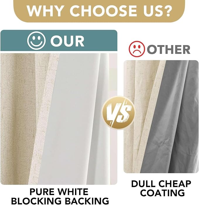 H.VERSAILTEX Linen Curtains 100% Blackout Curtains for Bedroom 90 inch Long Full Light Blocking Nature Linen Blended Window Curtains for Living Room Nickel Grommet (2 Panels, Bleached Sand)