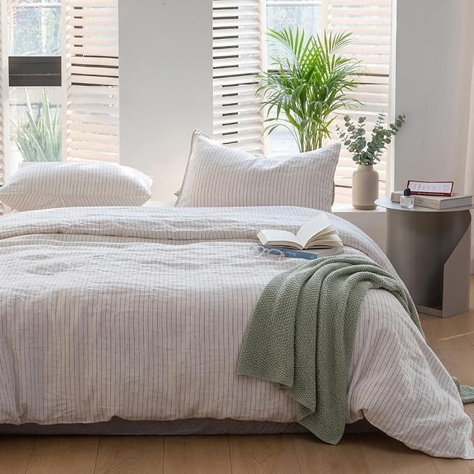 Simple&Opulence 100% Linen Striped Duvet Cover Queen 3pcs, Yarn Dyed Vertical Pinstripe Ticking Pattern Natural French Washed Flax Breathable Farmhouse Bedding - Grey Stripe