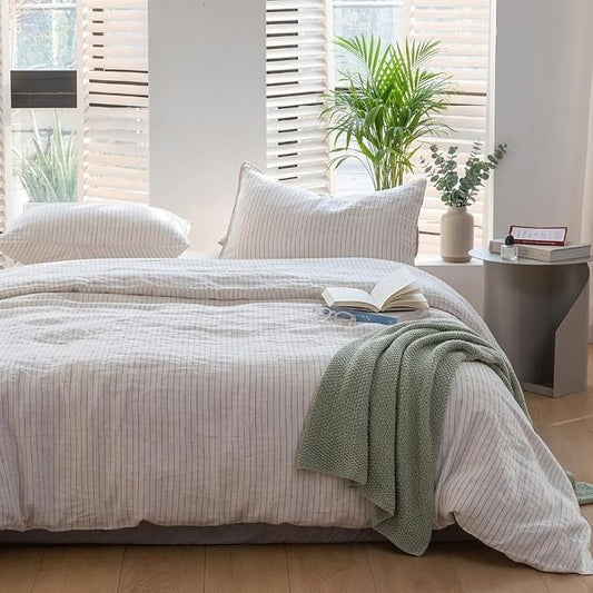 Simple&Opulence 100% Linen Striped Duvet Cover Queen 3pcs, Yarn Dyed Vertical Pinstripe Ticking Pattern Natural French Washed Flax Breathable Farmhouse Bedding - Grey Stripe