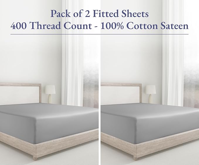 Pack of 2 100% Cotton Sateen King Size Fitted Sheets, Grey Light | 2 Fitted Sheets, 400 Thread Count Backed by Good Housekeeping Seal, 16" Deep Pocket, All-Around Elastic, No-Pop Fit, Durable