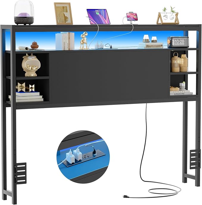 Unikito Full Size Headboard with Storage, Headboard with Outlets and RGB LED Light, Sturdy Head Boards for Full Size Bed, Stable Head Board Only for Bedroom, Dorm Room, Guest Room, Black