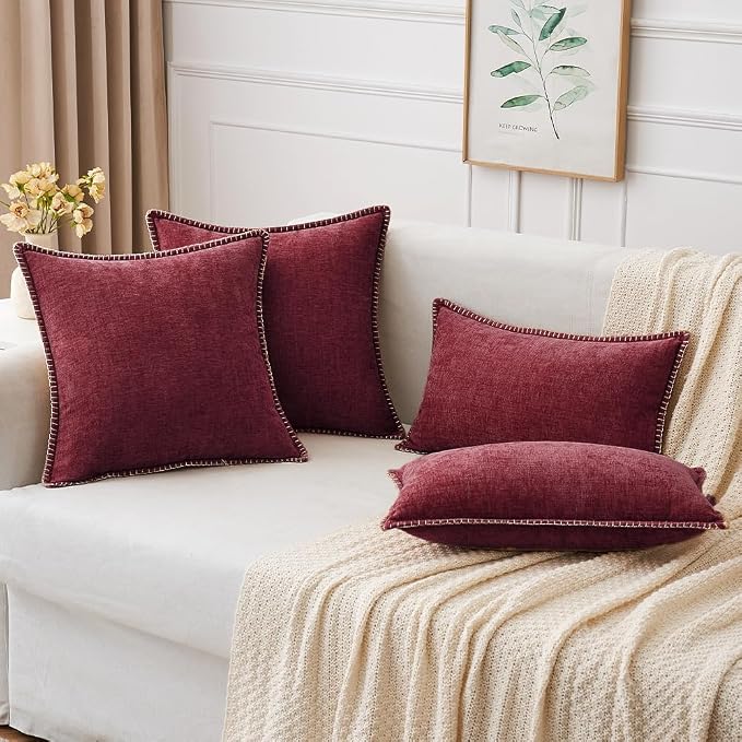 MIULEE Decorative Lumbar Throw Pillow Covers 12x20 Inch Burgundy Red 2 Pack | Farmhouse Pillow Covers with Stitched Edge, Soft Chenille Cushion Cases, for Couch Sofa Bed Living Room Home Decor