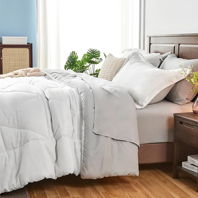 BEDELITE Cal King Comforter Set 7 Pieces, Reversible White Bed in A Bag | Soft All Season Down-Alternative Comforter, Sheets, Pillowcases & Shams, OEKO-TEX Certified Bedding for Bedrrom, Guest Room