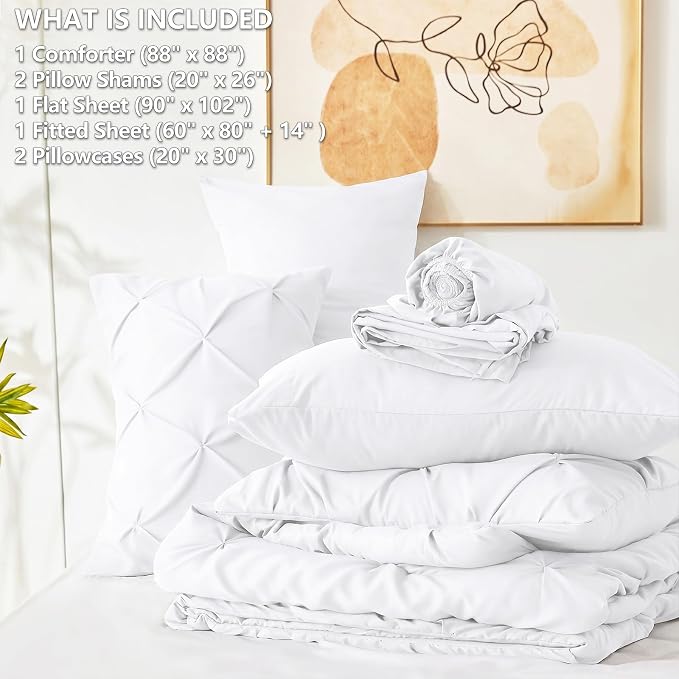 Queen Comforter Set White, 7 Pieces Pintuck Bed in a Bag | OEKO-TEX 100 Certified, 240GSM All Season, Bedroom, Guest Room, Down-Alternative Comforter, Sheets, Pillowcases & Shams