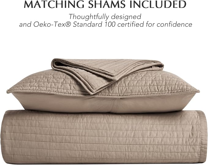 EVERGRACEHOME Cotton Sateen Quilt Set, Queen Size, Stone Taupe | 100% Cotton, Channel Stitch Coverlet Bedspread, Pre-Washed Lightweight Soft Bedding Set for All Season, 3 Piece, with 2 Shams