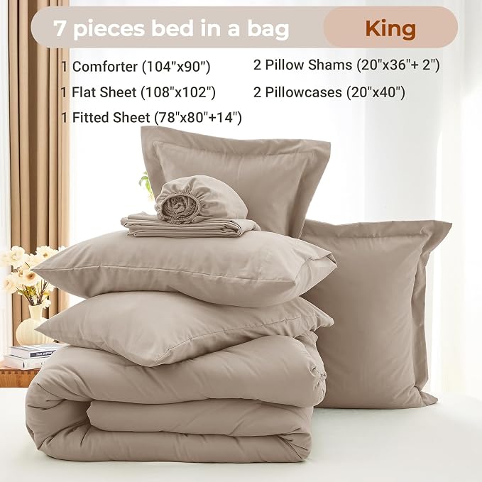 7 Pieces King Comforter Set, Soft Bed in a Bag King Size, All Season Bedding Set with Comforter, Flat Sheet, Fitted Sheet, Pillowcases & Shams, Linen