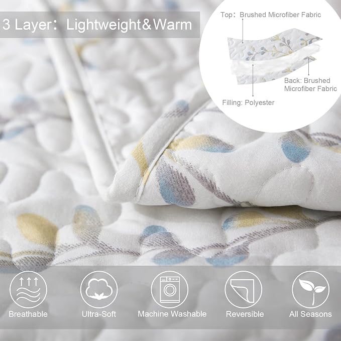 Exclusivo Mezcla Reversible Boho Quilts Queen Size White | Lightweight Soft Bedspreads, All Season Flowers Coverlet Bedding Set, Printed Floral Pattern, 1 Quilt and 2 Pillow Shams