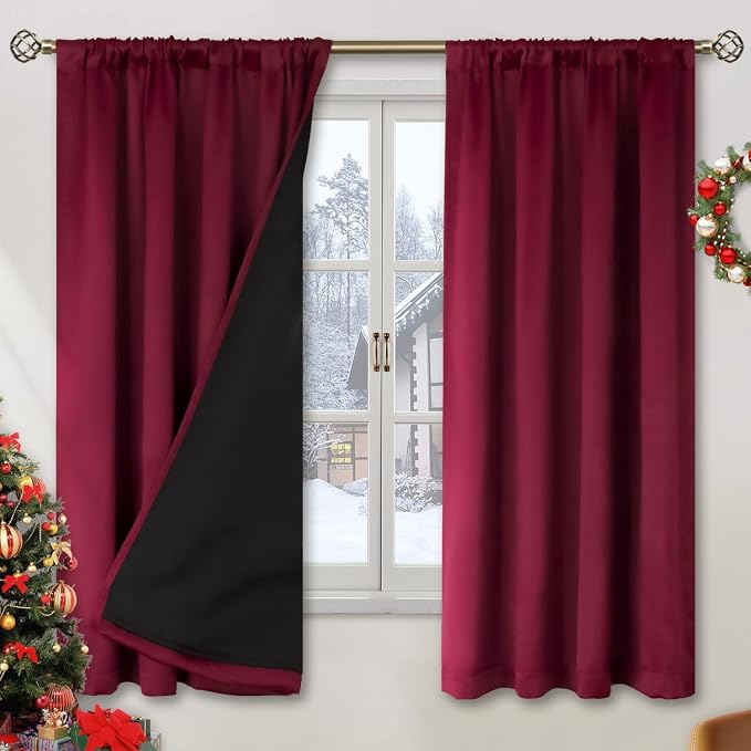 BGment Christmas Red Blackout Curtains for Bedroom 63 Inch Length 2 Panels | Thermal Insulated, Full Room Darkening Noise Reducing, Thick Rod Pocket Living Room Curtains, 52 x 63 Inch