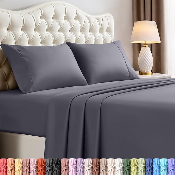 California King Sheets Set, 4 Pieces 16" Deep Pocket Bed Sheets, Grey | Extra Soft Bedsheet Set, Comfy & Breathable Cooling Sheets, Wrinkle & Fade Resistant, Fitted Sheet, Flat Sheet, 2 Pillowcases