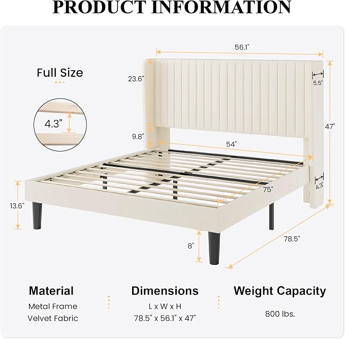 SHA CERLIN Full Size Velvet Bed Frame, Tufted Wingback Headboard, Cream | 47'' Modern Vertical Channel Headboard, Upholstered Platform Bed, Wood Slats, No Box Spring Needed, Easy Assembly, Noise Free