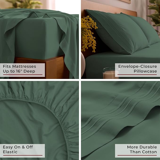 Mellanni Iconic 4-Piece Microfiber Sheet Set (Queen, Emerald Green) | Double-brushed softness; breathable comfort; 16-in deep pocket; machine washable; OEKO-TEX(R) certified; Lifetime Promise