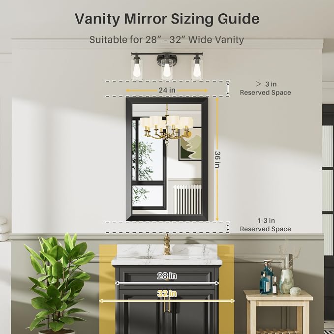 Black Metal Framed Bathroom Wall Mirror, 24x36 Inch | Anti-rust, HD tempered glass, for bathroom vanity, bedroom, living room, horizontal or vertical mount