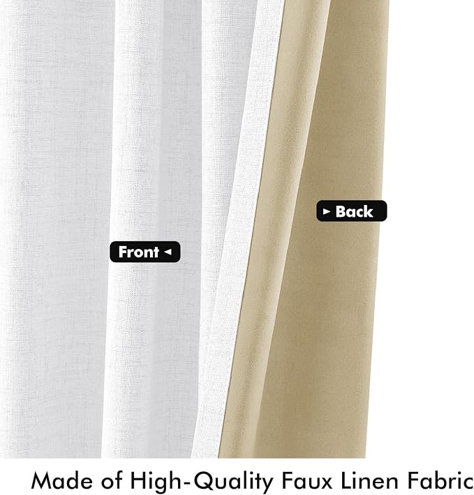 MIULEE 100% Blackout Linen Curtains 42 x 90 Inch Bright White 2 Panels | Thermal Insulated, Room Darkening Drapes for Bedroom Living Room, Back Tab Rod Pocket Pinch Pleated, Solid Luxury Decor