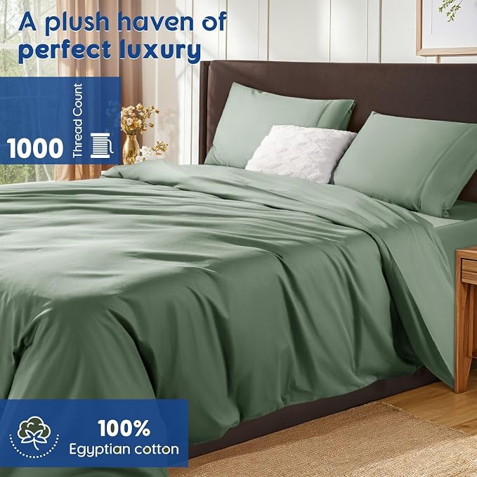 SONORO KATE 1000 Series 100% Egyptian Cotton Queen Duvet Cover Set,3PC | Long Staple Cotton,Sateen Weave,Soft,Breathable,Luxury Hotel Bedding,All-Season,Hidden Zipper Closure,Sea Glass