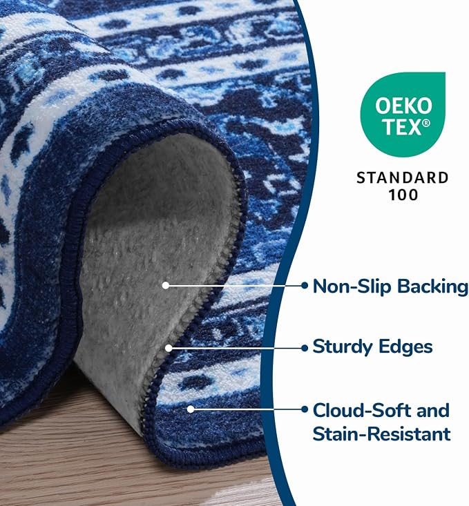 3 x 5 Area Rugs for Living Room, Washable Boho Carpets Blue White | Faux Wool Rug for Entryway Bedroom, Floral Medallion Vintage Rugs with Non-Slip Rubber, 0.25inch Low Pile Kid & Pet Friendly