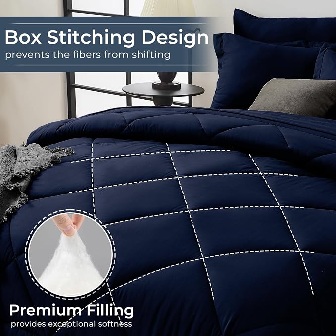 7-Piece Oversized Queen Comforter Set, Navy | Reversible, All-Season, Soft, 7 Piece Set, All-Season Reversible Bed in a Bag, Flat Sheet, Fitted Sheet, Pillowcases