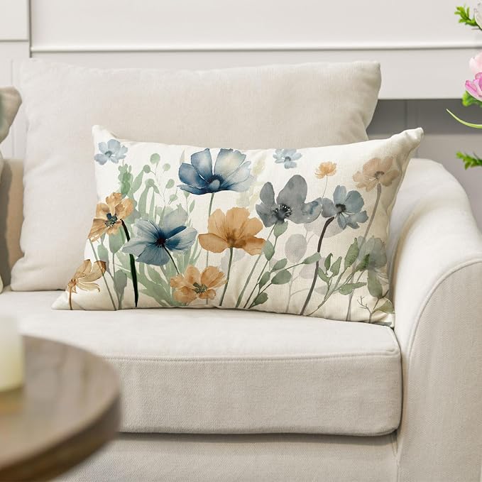 AVOIN colorlife Chinoiserie Poppy Flowers Throw Pillow Cover 12x20 Inch | Light Brown Blue Seasonal Leaves Cushion Case Decoration for Sofa Couch Farmhouse
