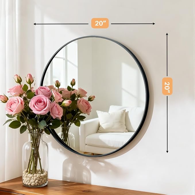 Bathroom Mirror for Wall, 20 Inch Round Mirror, Matte Black Metal Framed Circle Vanity Mirrors for Bathroom Bedroom Living Room Entryway, Anti-Rust, Tempered Glass, Hanging or Leaning
