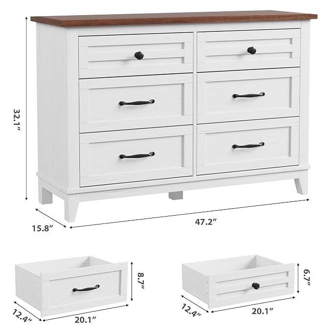 GarveeHome 6 Dresser for Bedroom, 47 in Wide Drawer Dresser with Storage Freestanding, Wooden Closet Storage Chest for Living Room, Bedroom, Entryway, White+Brown