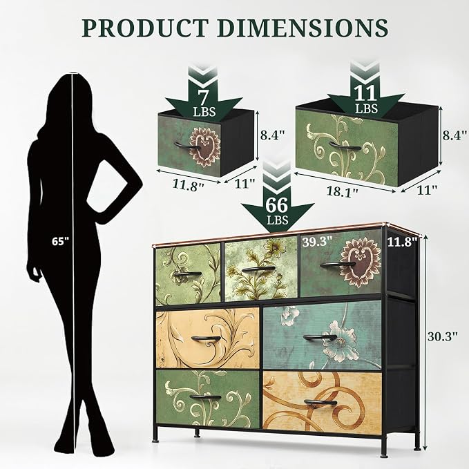 7-Drawer Dresser for Bedroom, Anti-Tip Wide Storage Organizer Fabric | Chest of Drawers TV Stand for 45" TV with Wooden Top Metal Frame for Closet, Living Room, Hallway, Entryway, Floral Painted