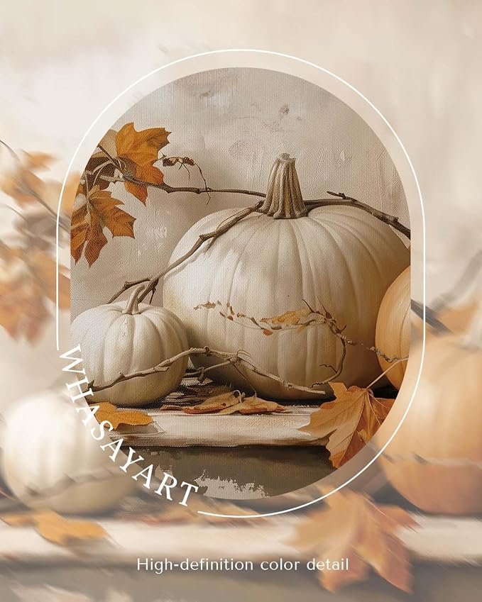WHASAYART Vintage Pumpkin Thanksgiving Wall Art 16x20 Framed Canvas Print with Fall Leaves, Rustic Autumn Season Painting, Cozy Harvest Dining Room Kitchen Farmhouse Decor