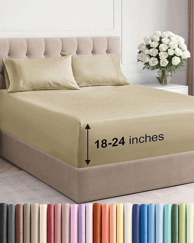 Extra Deep Twin Sheet Set - 4 Piece Breathable and Cooling Sheets - Beige | Hotel Luxury Bed Sheets Set, Easy & Secure Fit, Ultra-Soft, Wrinkle & Fade Free, Comfy Sheets Set with Extra Deep Pockets