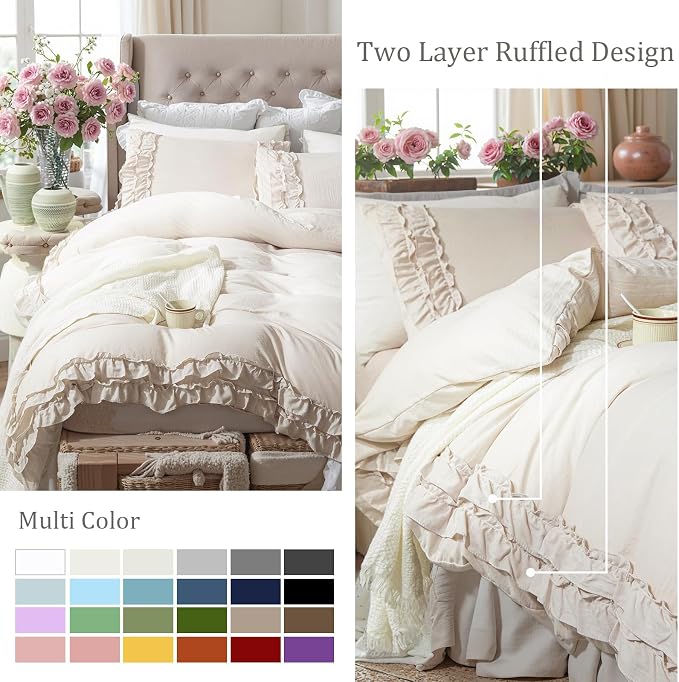 Bedorm Beige Duvet Cover King Shabby Chic Bedding Soft Breathable Washed Microfiber Ruffle Duvet Cover Coquette Cute Comforter Cover Girls Women