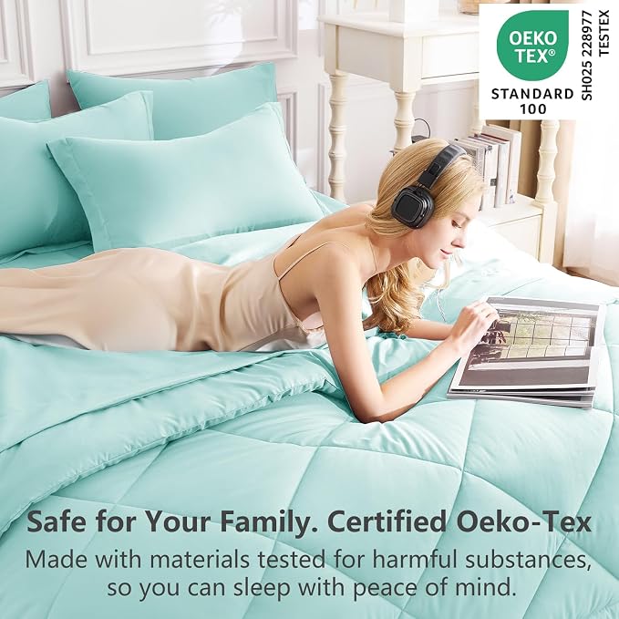 Queen Comforter Set with Sheets Spa Blue - 7 Pieces Bed in a Bag | OEKO-TEX Certified, All Season, 240GSM Down-Alternative Comforter, Sheets, Pillowcases & Shams, 14" Deep Pocket, Easy Care