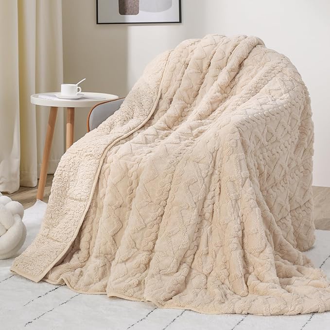 Drewin Weighted Blanket for Adults 48" x 72" 12lbs Fuzzy Blankets Beige | Stress Relief & Better Sleep,Soft Jacquard Sherpa Fleece Heavy Blanket Queen Size, Machine Washable,for Napping & Relaxing