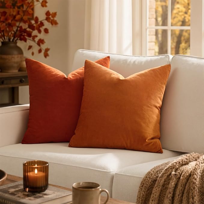 MIULEE 24x24 Inch Pack of 2 Euro Fall Velvet Throw Pillow Covers Orange | Soft Solid Decorative Euro Sham, Modern Luxury Home Decor, for King Bed Sofa Couch Bedroom Livingroom