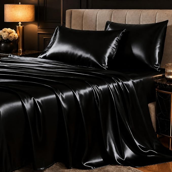 CozyLux Satin Sheets Twin, 3-Piece 14-Inch Deep Pocket Sheet Set | OEKO-TEX Certified Silky Soft Sheet Set for Hair & Skin, Luxurious Silky-Smooth Satin for Elegant Bedroom Decor, Black