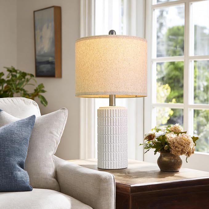 PoKat 20.75" Stone-Like Farmhouse Ceramic Table Lamps Set of 2 for Bedroom, White Bedside Lamps for Night Stands, Matte-Textured Decor Nightstand Table Lamps for Living Room End Table White