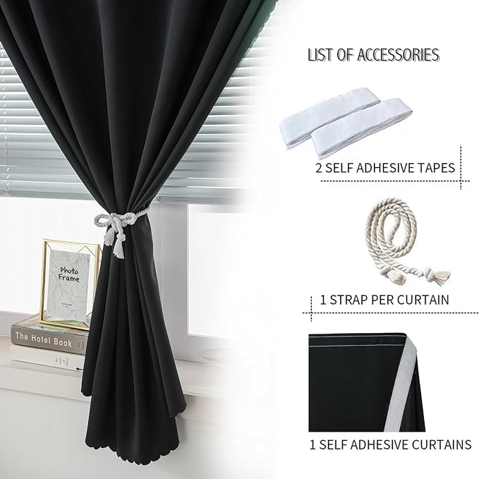 Blackout Curtains with Self Adhesive Tape No Rod No Drill Easy Install Window Cover for Bedroom Kitchen Dorm 34" W X 79" L Black 1 Panel