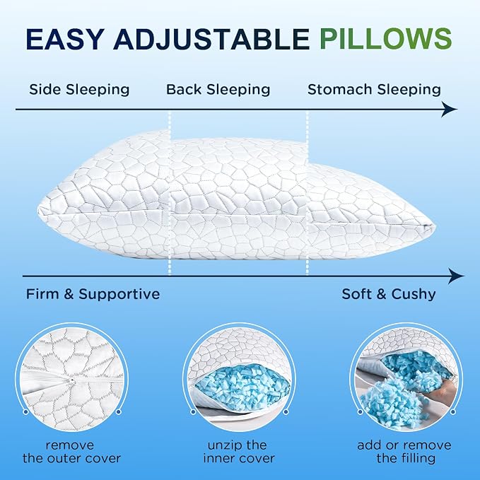 SUPA MODERN Cooling Bed Pillows for Sleeping 2 Pack Shredded Memory Foam Pillows Adjustable Pillow for Side Back Stomach Sleepers Luxury Gel Pillows Queen Size Set of 2 with Washable Removable Cover